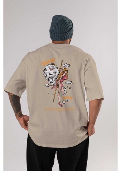 Zeus Nami Anime Arka Baskılı Bej Oversize T-Shirt %100 Pamuk Erkek Kadın