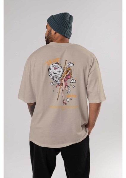 Zeus Nami Anime Arka Baskılı Bej Oversize T-Shirt %100 Pamuk Erkek Kadın fırsatları