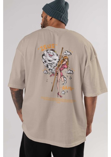 Zeus Nami Anime Arka Baskılı Bej Oversize T-Shirt %100 Pamuk Erkek Kadın indirimleri