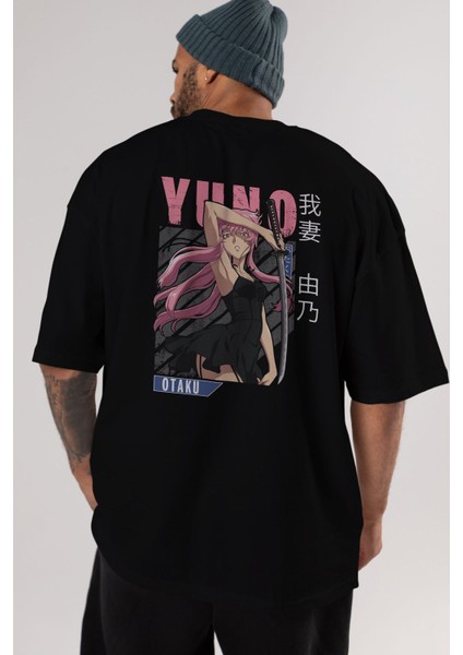 Yuno Gasai 5 Anime Arka Baskılı Siyah Oversize T-Shirt Erkek Kadın modelleri