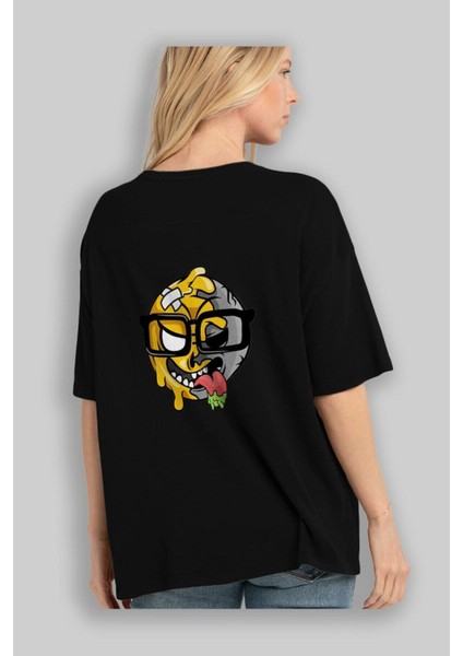 Smiley Nerd Arka Baskılı Siyah Oversize T-Shirt Erkek Kadın Bisiklet Yaka fiyatları