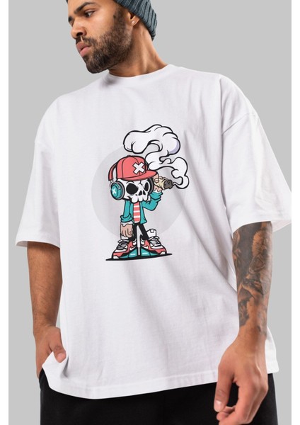 Skull Headphone Ön Baskılı Beyaz Oversize T-Shirt Erkek Kadın Bisiklet Yaka