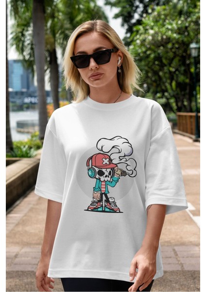 Skull Headphone Ön Baskılı Beyaz Oversize T-Shirt Erkek Kadın Bisiklet Yaka fiyatları