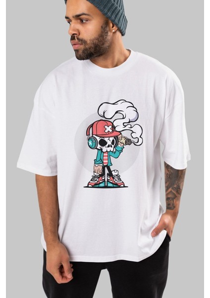 Skull Headphone Ön Baskılı Beyaz Oversize T-Shirt Erkek Kadın Bisiklet Yaka fırsatları