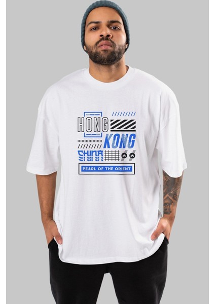 Hong Kong Ön Baskılı Beyaz Oversize T-Shirt Erkek Kadın Bisiklet Yaka
