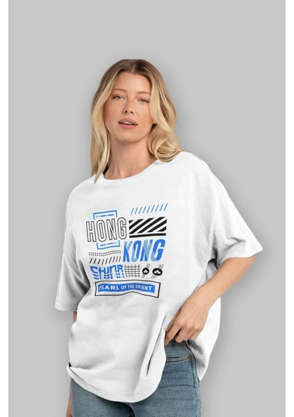 Hong Kong Ön Baskılı Beyaz Oversize T-Shirt Erkek Kadın Bisiklet Yaka modelleri