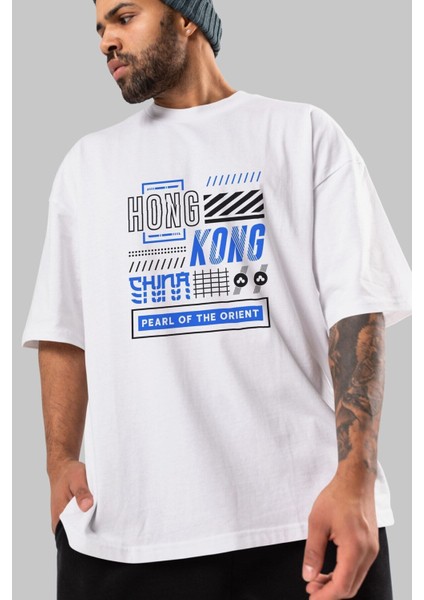 Hong Kong Ön Baskılı Beyaz Oversize T-Shirt Erkek Kadın Bisiklet Yaka indirimleri