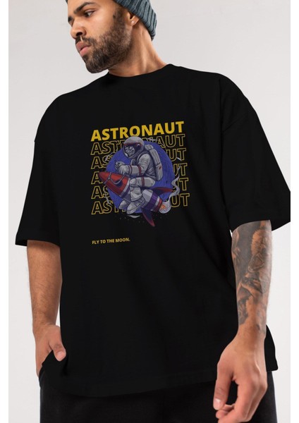 Astronaut Fly To The Ön Baskılı Siyah Oversize T-Shirt Erkek Kadın Bisiklet Yaka fiyatları