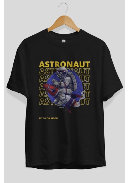 Astronaut Fly To The Ön Baskılı Siyah Oversize T-Shirt Erkek Kadın Bisiklet Yaka modelleri