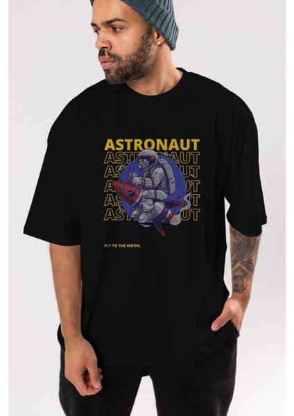 Astronaut Fly To The Ön Baskılı Siyah Oversize T-Shirt Erkek Kadın Bisiklet Yaka indirimleri