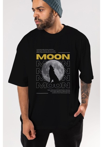 Moon Ön Baskılı Siyah Oversize T-Shirt Erkek Kadın Bisiklet Yaka