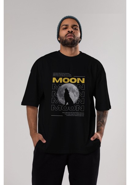 Moon Ön Baskılı Siyah Oversize T-Shirt Erkek Kadın Bisiklet Yaka fiyatları
