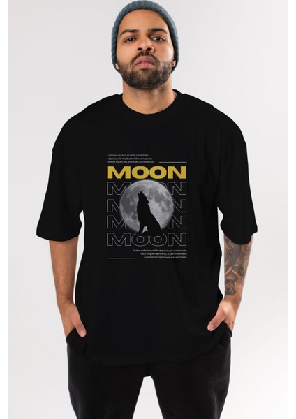 Moon Ön Baskılı Siyah Oversize T-Shirt Erkek Kadın Bisiklet Yaka fırsatları