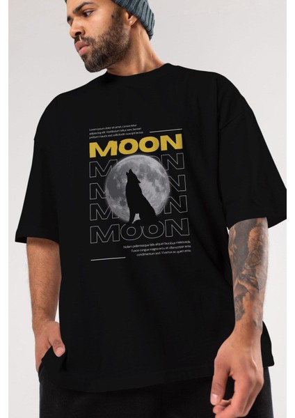 Moon Ön Baskılı Siyah Oversize T-Shirt Erkek Kadın Bisiklet Yaka indirimleri