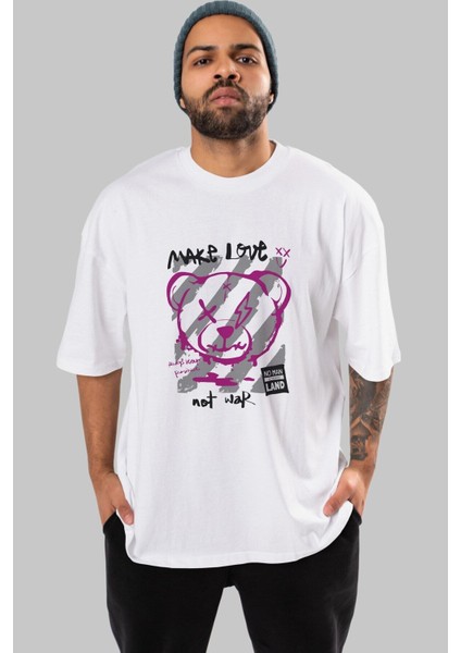 Make Love Bear Ön Baskılı Beyaz Oversize T-Shirt Erkek Kadın Bisiklet Yaka fırsatları