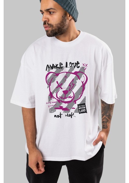 Make Love Bear Ön Baskılı Beyaz Oversize T-Shirt Erkek Kadın Bisiklet Yaka indirimleri