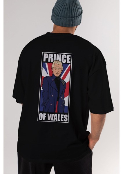 Prince Charles Arka Baskılı Siyah Oversize T-Shirt Erkek Kadın Bisiklet Yaka