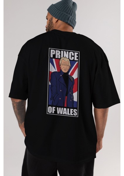 Prince Charles Arka Baskılı Siyah Oversize T-Shirt Erkek Kadın Bisiklet Yaka modelleri