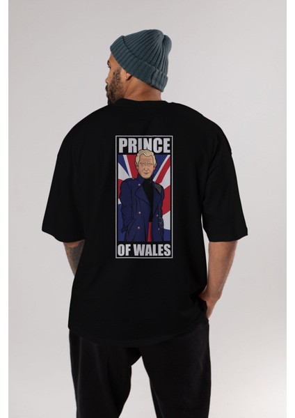 Prince Charles Arka Baskılı Siyah Oversize T-Shirt Erkek Kadın Bisiklet Yaka indirimleri