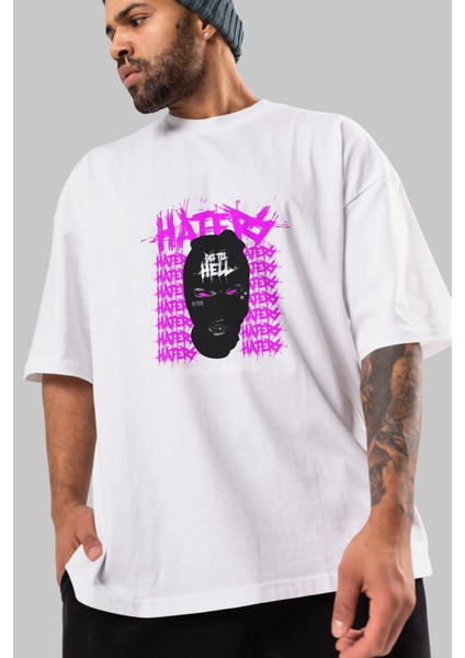 Haters Brooklyn Street Ön Baskılı Beyaz Oversize T-Shirt Erkek Kadın Bisiklet Yaka