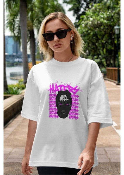 Haters Brooklyn Street Ön Baskılı Beyaz Oversize T-Shirt Erkek Kadın Bisiklet Yaka modelleri