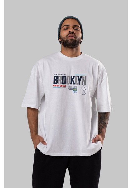 Brooklyn 56 Ön Baskılı Beyaz Oversize T-Shirt Erkek Kadın Bisiklet Yaka fiyatları