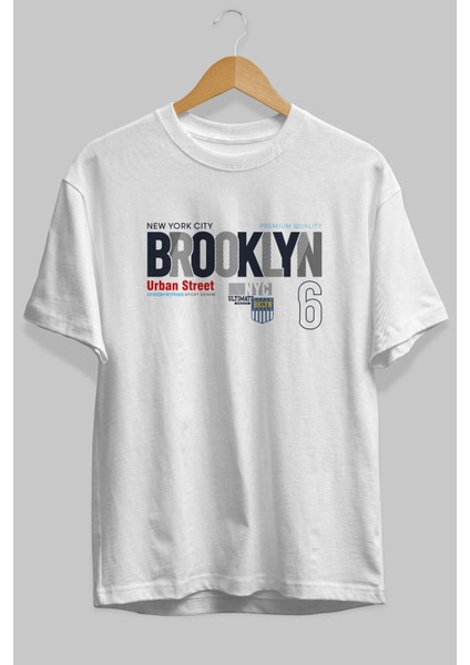 Brooklyn 56 Ön Baskılı Beyaz Oversize T-Shirt Erkek Kadın Bisiklet Yaka modelleri