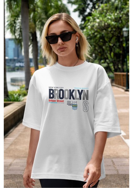 Brooklyn 56 Ön Baskılı Beyaz Oversize T-Shirt Erkek Kadın Bisiklet Yaka indirimleri