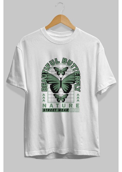 Beautiful Butterfly Ön Baskılı Beyaz Oversize T-Shirt Erkek Kadın Bisiklet Yaka fiyatları
