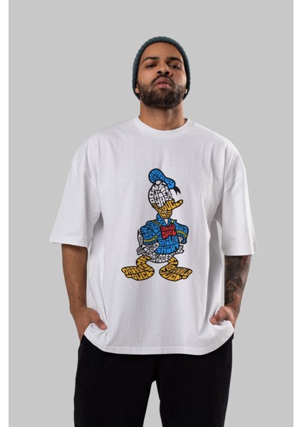 Donald Ön Baskılı Beyaz Oversize T-Shirt Erkek Kadın Bisiklet Yaka