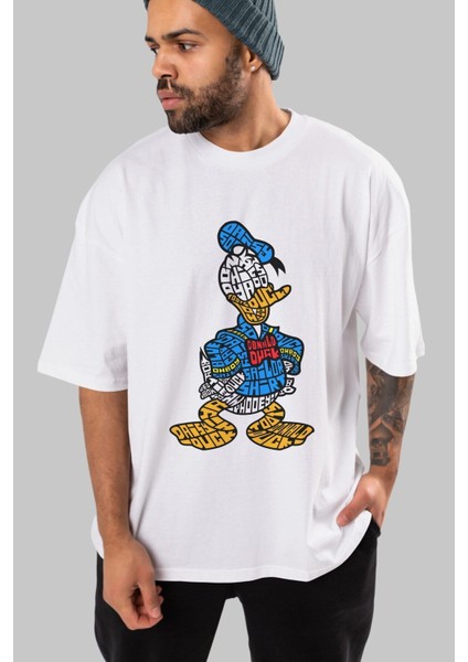 Donald Ön Baskılı Beyaz Oversize T-Shirt Erkek Kadın Bisiklet Yaka fiyatları