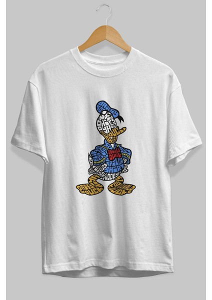 Donald Ön Baskılı Beyaz Oversize T-Shirt Erkek Kadın Bisiklet Yaka modelleri