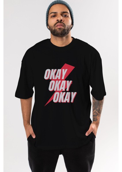 Okay Ön Baskılı Siyah Oversize T-Shirt Erkek Kadın Bisiklet Yaka