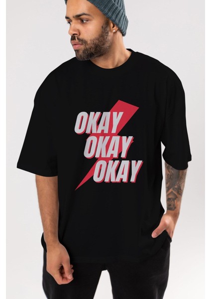 Okay Ön Baskılı Siyah Oversize T-Shirt Erkek Kadın Bisiklet Yaka modelleri