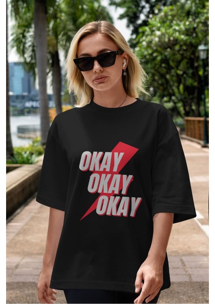 Okay Ön Baskılı Siyah Oversize T-Shirt Erkek Kadın Bisiklet Yaka fırsatları