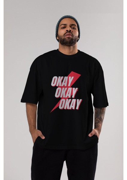 Okay Ön Baskılı Siyah Oversize T-Shirt Erkek Kadın Bisiklet Yaka indirimleri