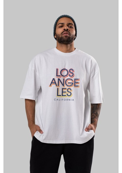 Los Angeles California Ön Baskılı Beyaz Oversize T-Shirt Erkek Kadın Bisiklet Yaka