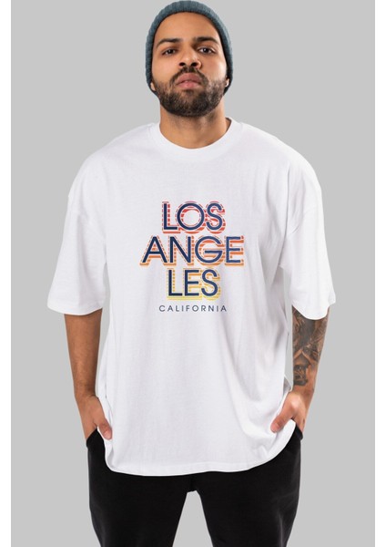 Los Angeles California Ön Baskılı Beyaz Oversize T-Shirt Erkek Kadın Bisiklet Yaka modelleri