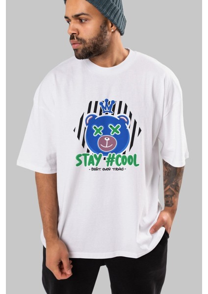 Stay Cool Bear Ön Baskılı Beyaz Oversize T-Shirt Erkek Kadın Bisiklet Yaka