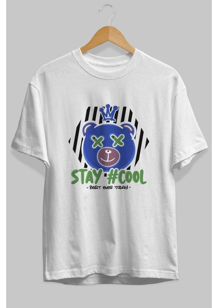 Stay Cool Bear Ön Baskılı Beyaz Oversize T-Shirt Erkek Kadın Bisiklet Yaka fiyatları