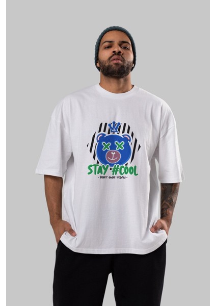 Stay Cool Bear Ön Baskılı Beyaz Oversize T-Shirt Erkek Kadın Bisiklet Yaka fırsatları