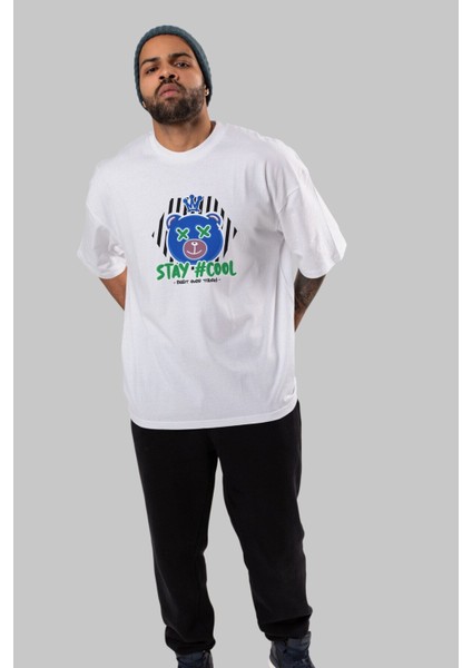 Stay Cool Bear Ön Baskılı Beyaz Oversize T-Shirt Erkek Kadın Bisiklet Yaka indirimleri
