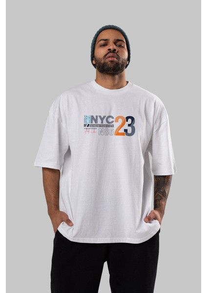 Nyc 23 Ön Baskılı Beyaz Oversize T-Shirt Erkek Kadın Bisiklet Yaka fırsatları