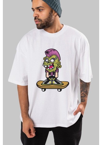 Zombie Punk Skater Ön Baskılı Beyaz Oversize T-Shirt Erkek Kadın Bisiklet Yaka