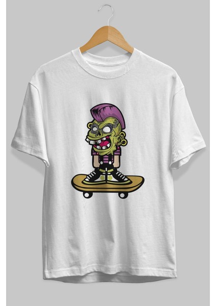 Zombie Punk Skater Ön Baskılı Beyaz Oversize T-Shirt Erkek Kadın Bisiklet Yaka fiyatları