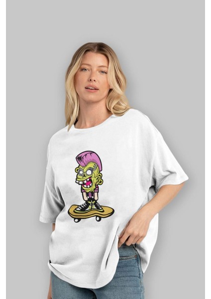 Zombie Punk Skater Ön Baskılı Beyaz Oversize T-Shirt Erkek Kadın Bisiklet Yaka modelleri