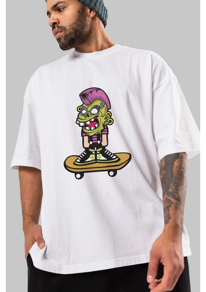 Zombie Punk Skater Ön Baskılı Beyaz Oversize T-Shirt Erkek Kadın Bisiklet Yaka fırsatları