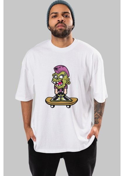 Zombie Punk Skater Ön Baskılı Beyaz Oversize T-Shirt Erkek Kadın Bisiklet Yaka indirimleri