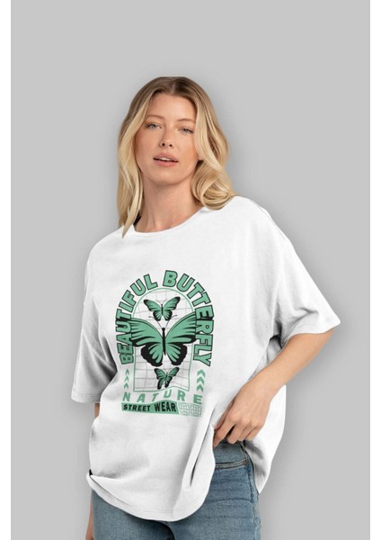 Beautiful Butterfly Ön Baskılı Beyaz Oversize T-Shirt Erkek Kadın Bisiklet Yaka fırsatları