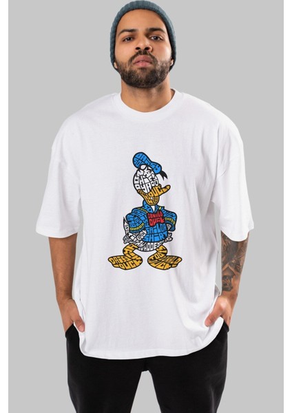 Donald Ön Baskılı Beyaz Oversize T-Shirt Erkek Kadın Bisiklet Yaka fırsatları